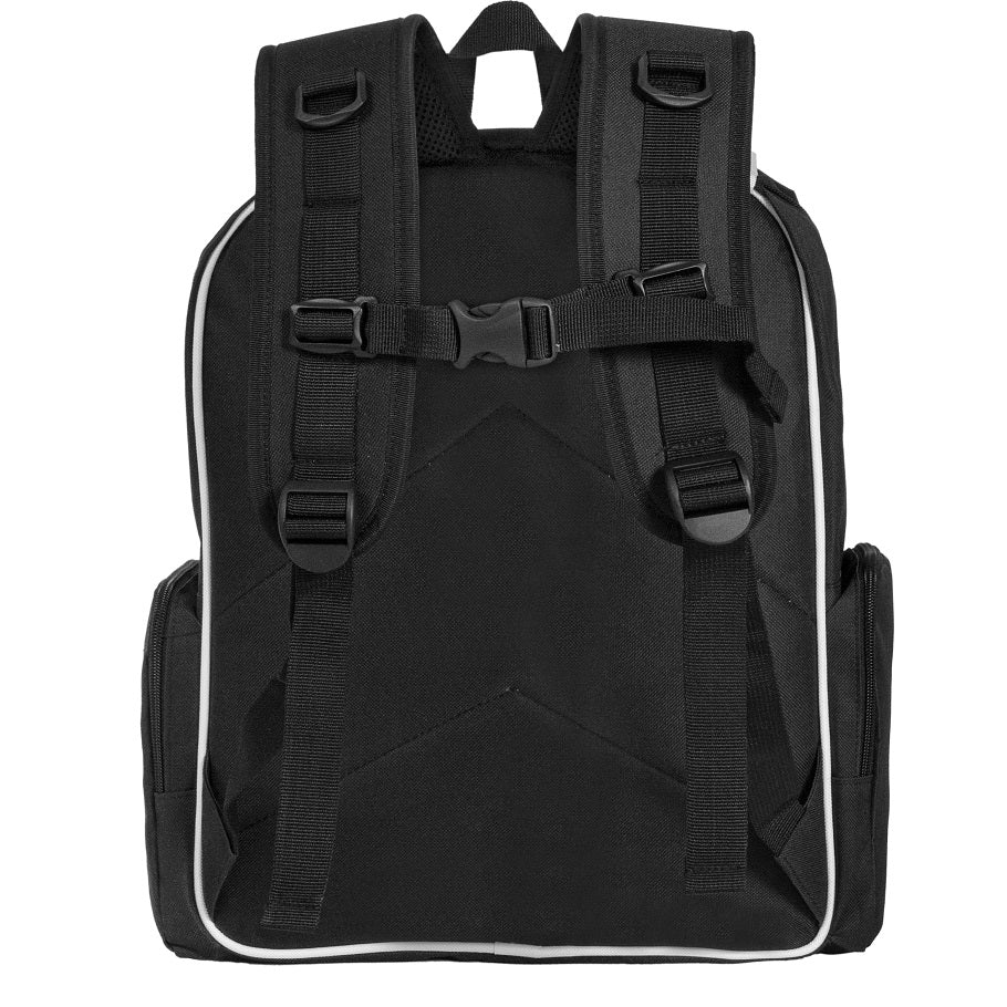 Black backpack with white trim on a white background