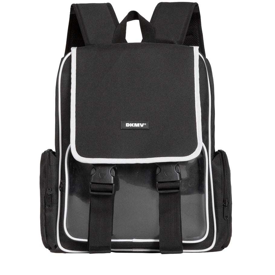 Black backpack with white accents and a visible brand logo on a white background