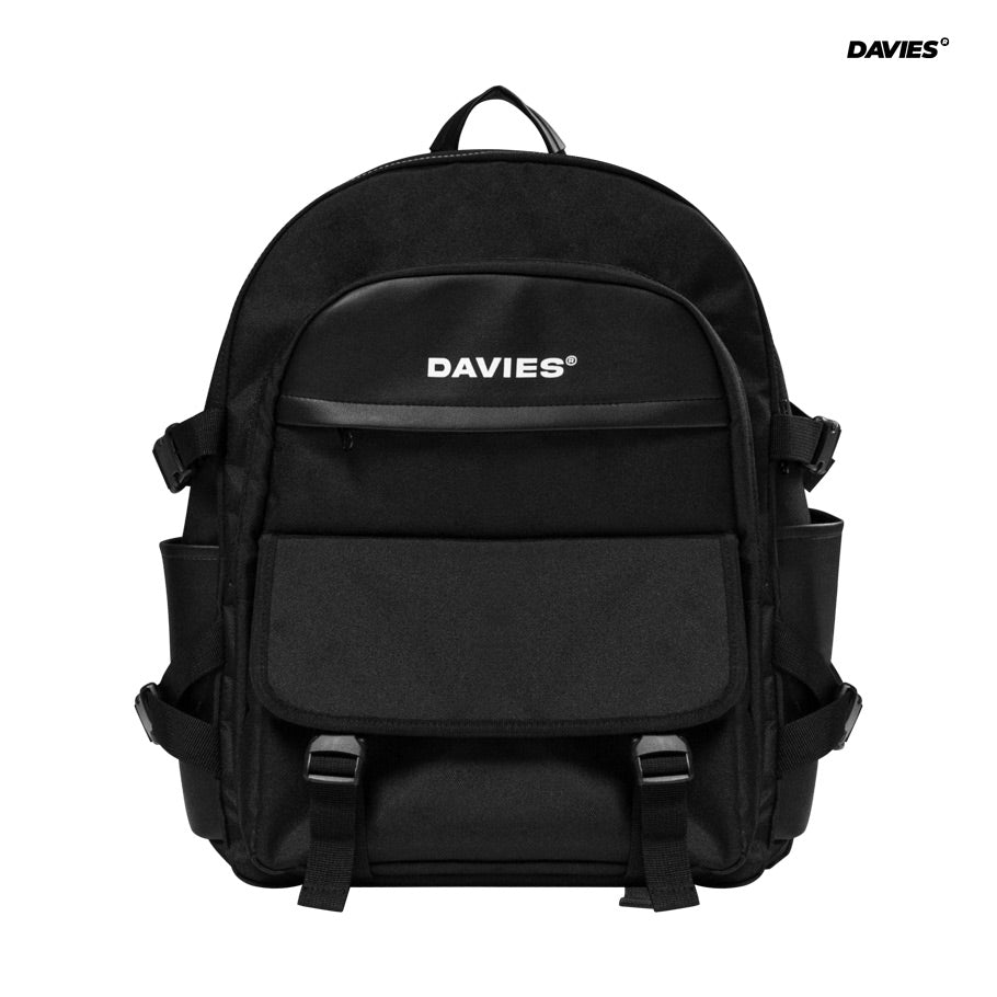 Black backpack with 'DAVIES' logo on a white background