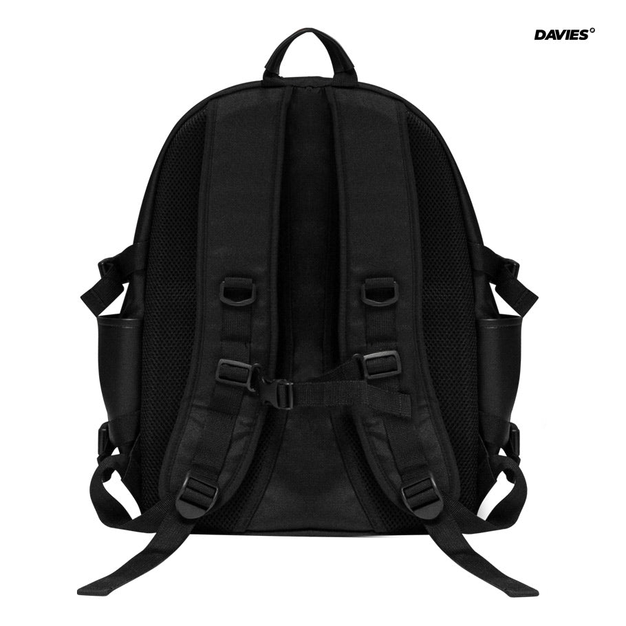 Black backpack with visible brand logo on a white background