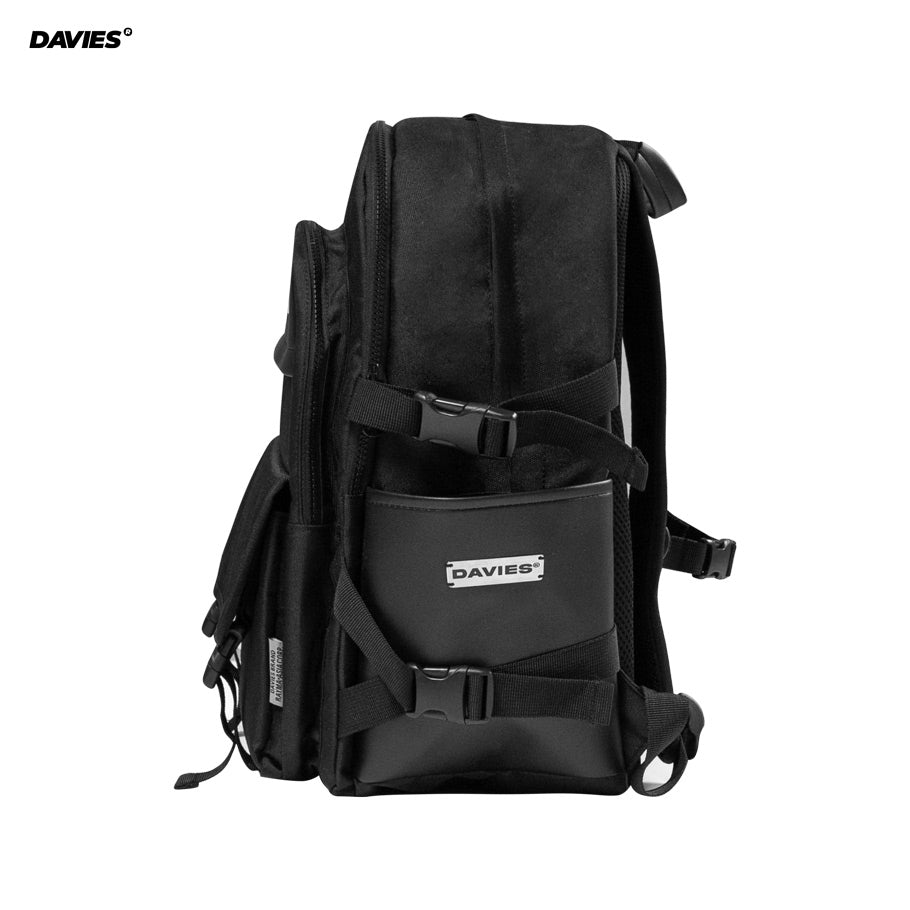 Black backpack with visible 'DAVIES' branding on a white background
