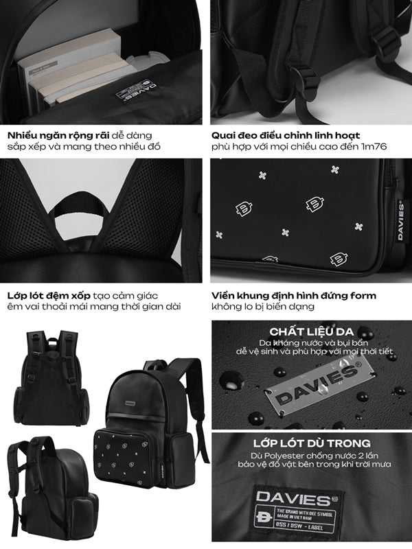 Black backpack with various features highlighted on a white background