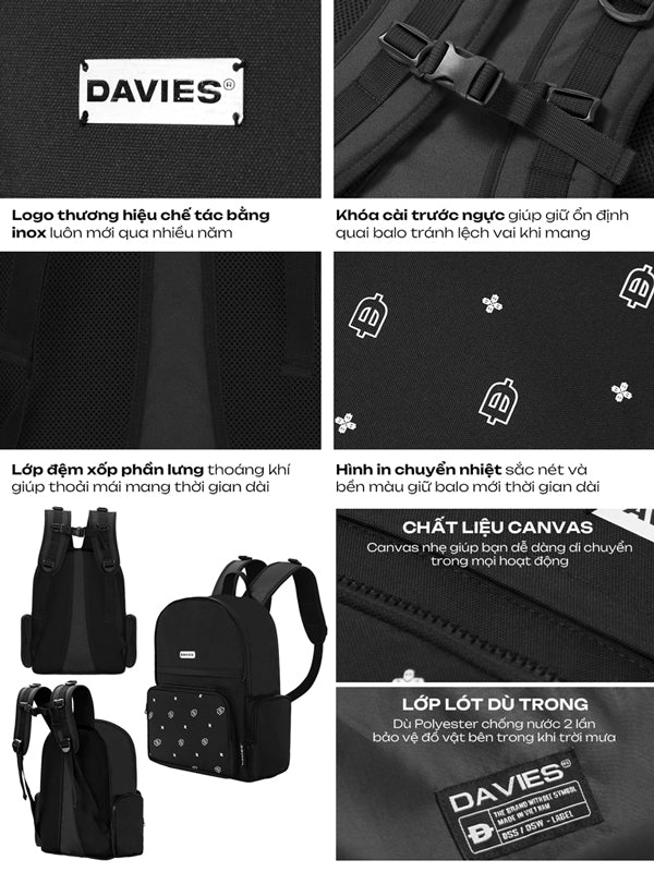 Black backpack with Davies brand logo and features highlighted