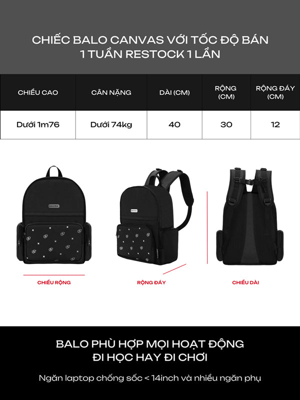 Black backpack with dimensions and features displayed on a gray background