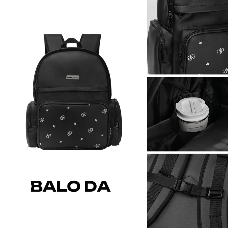 Black backpack with decorative elements and 'BALO DA' branding, shown from multiple angles.
