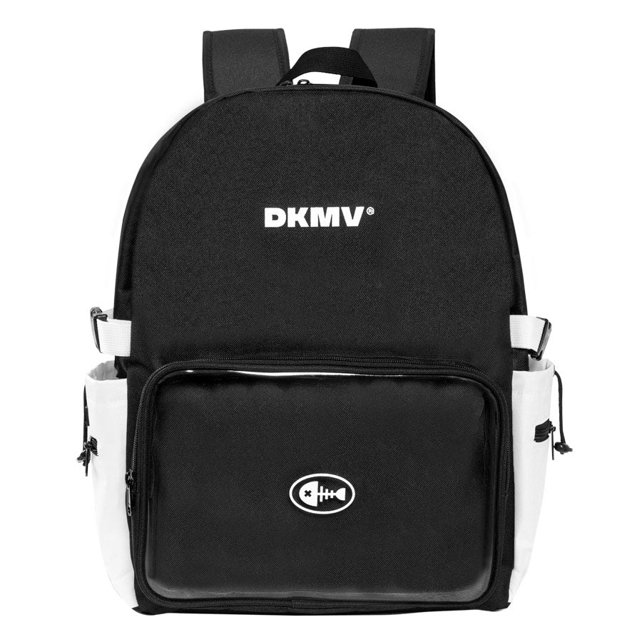 Black backpack with 'DKMV' logo on a white background