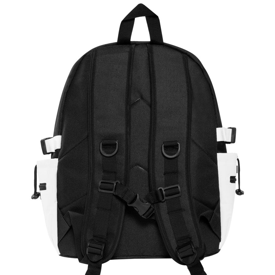 Black backpack with white accents on a white background