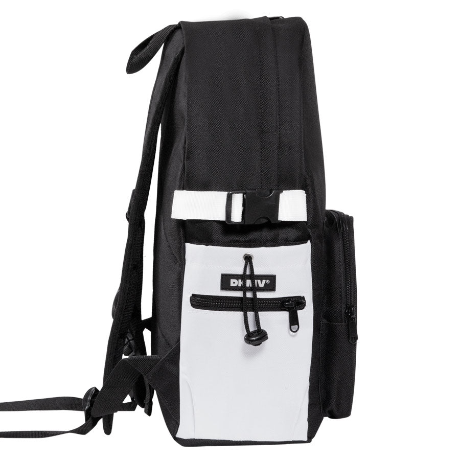 Black and white backpack with a visible brand logo on a white background