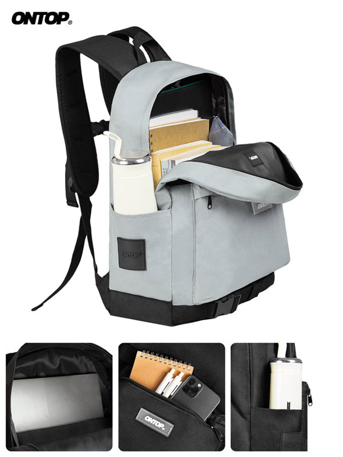 Gray backpack with multiple compartments and a water bottle, featuring the brand 'ONTOP'.