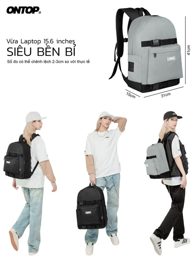 Gray and black backpack with measurements and people wearing it on a white background