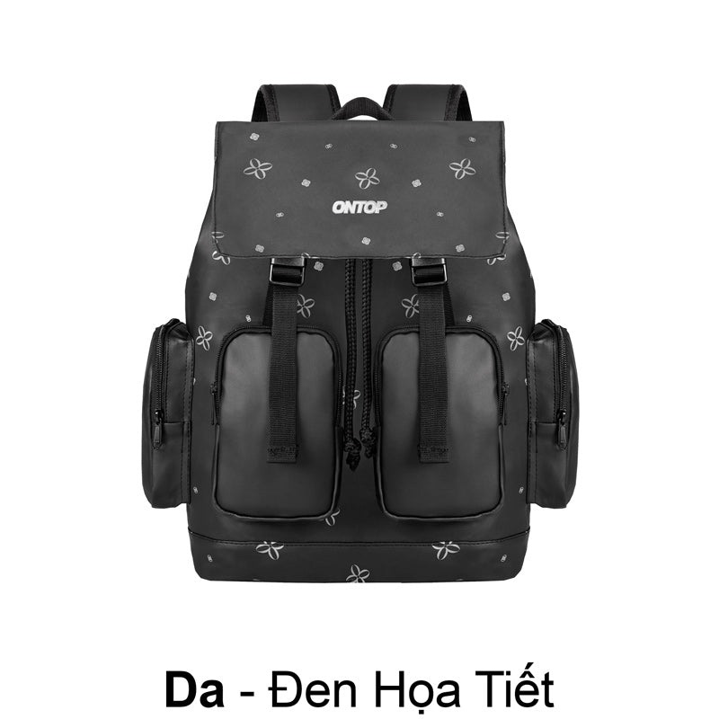 Black backpack with decorative elements on a white background
