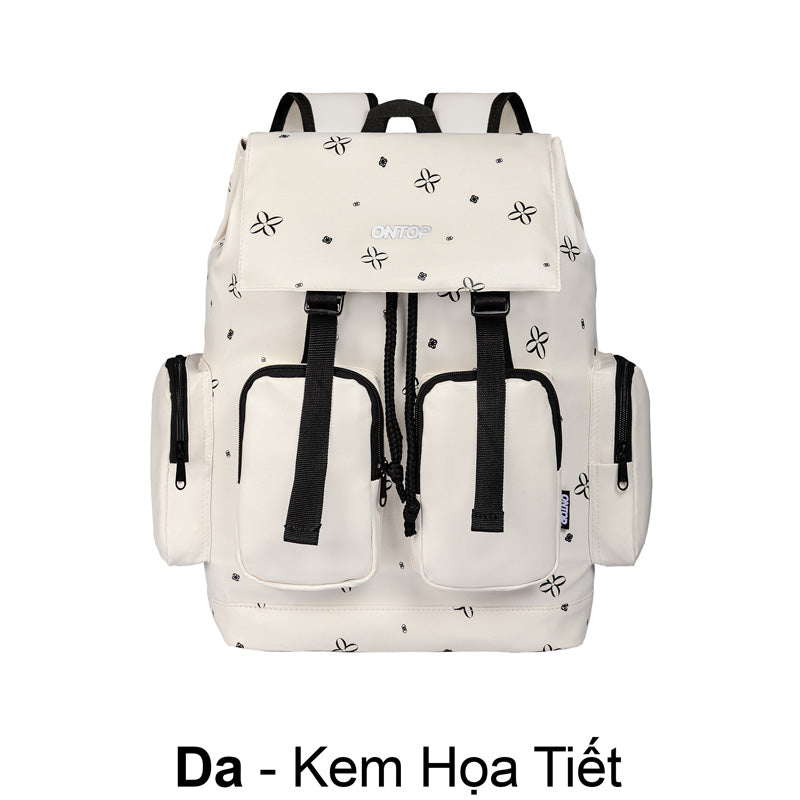 White backpack with black patterns on a white background