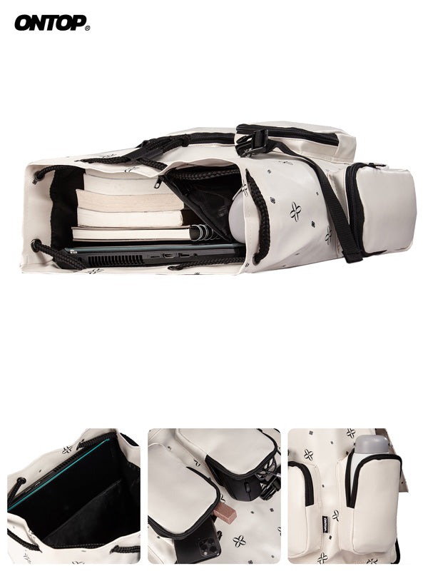 White protective bag with black accents, featuring a brand logo on a white background.