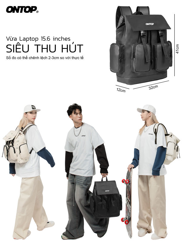 Black backpack with measurements and lifestyle images of people wearing it.