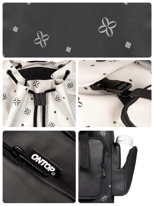 Collage of a bag with floral patterns and a visible brand logo on a black background.