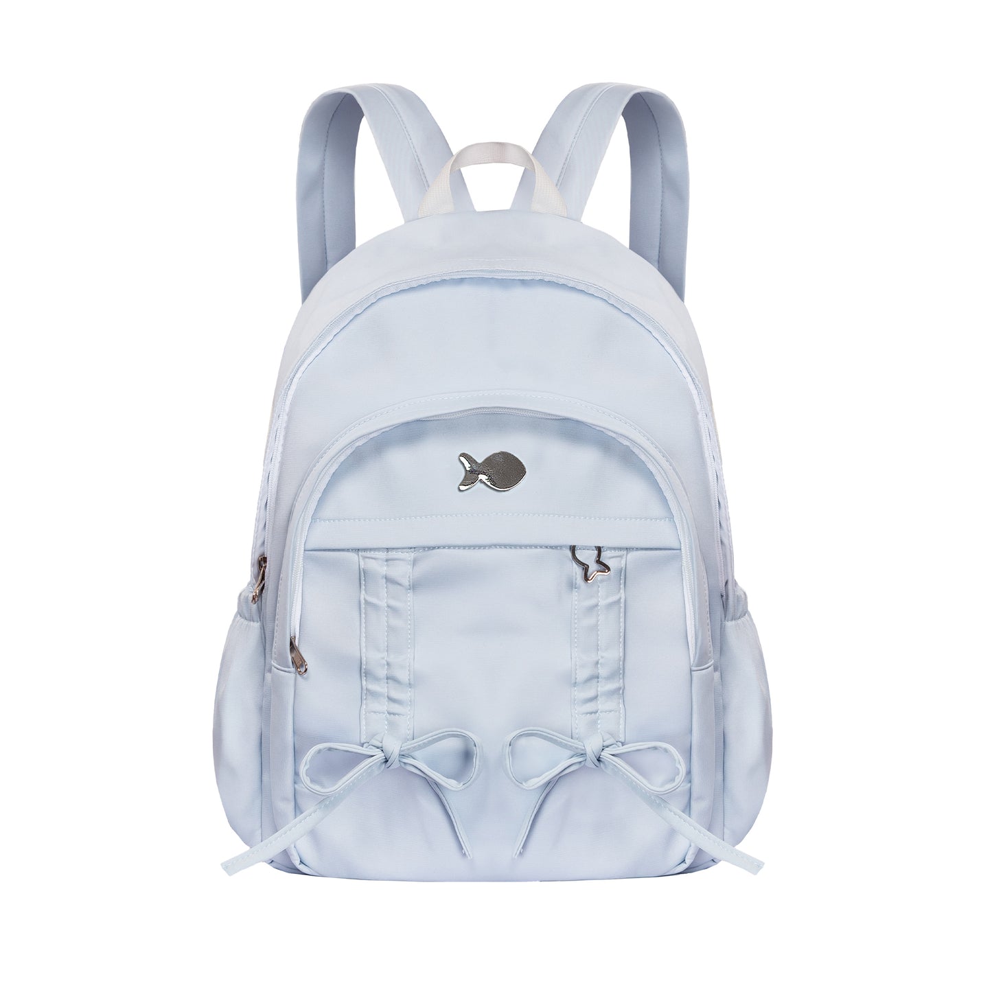 Light blue backpack with decorative elements on a white background