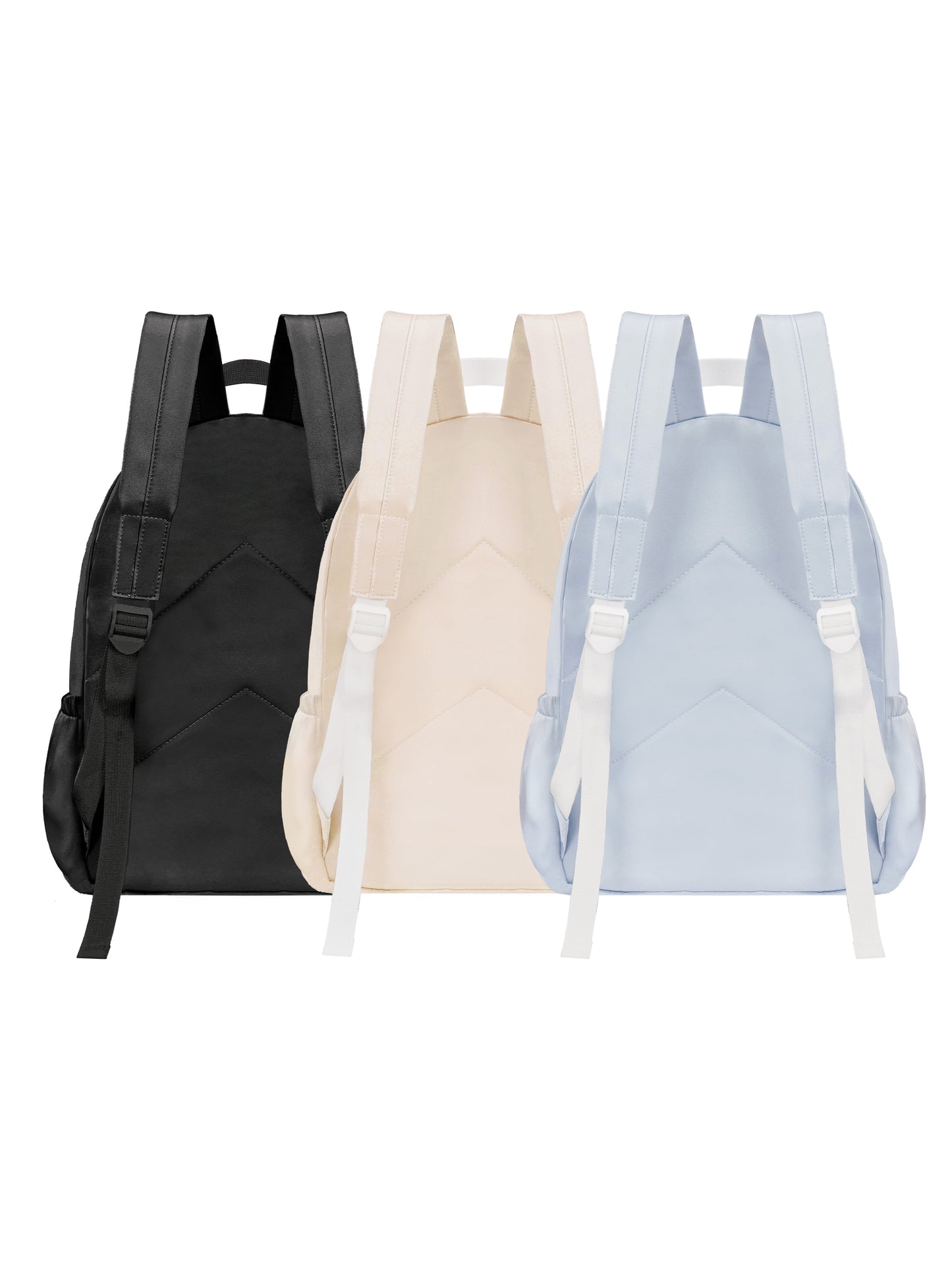 Three backpacks in black, beige, and light blue on a white background