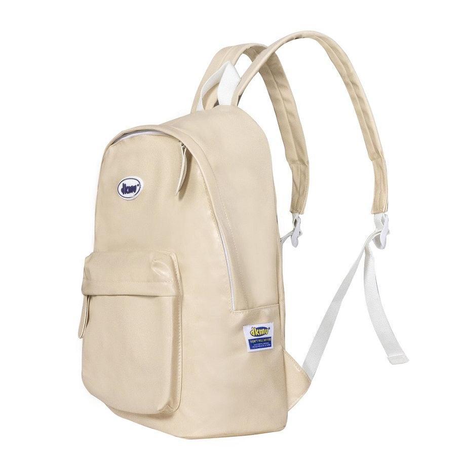 Beige backpack with visible brand logo on a white background