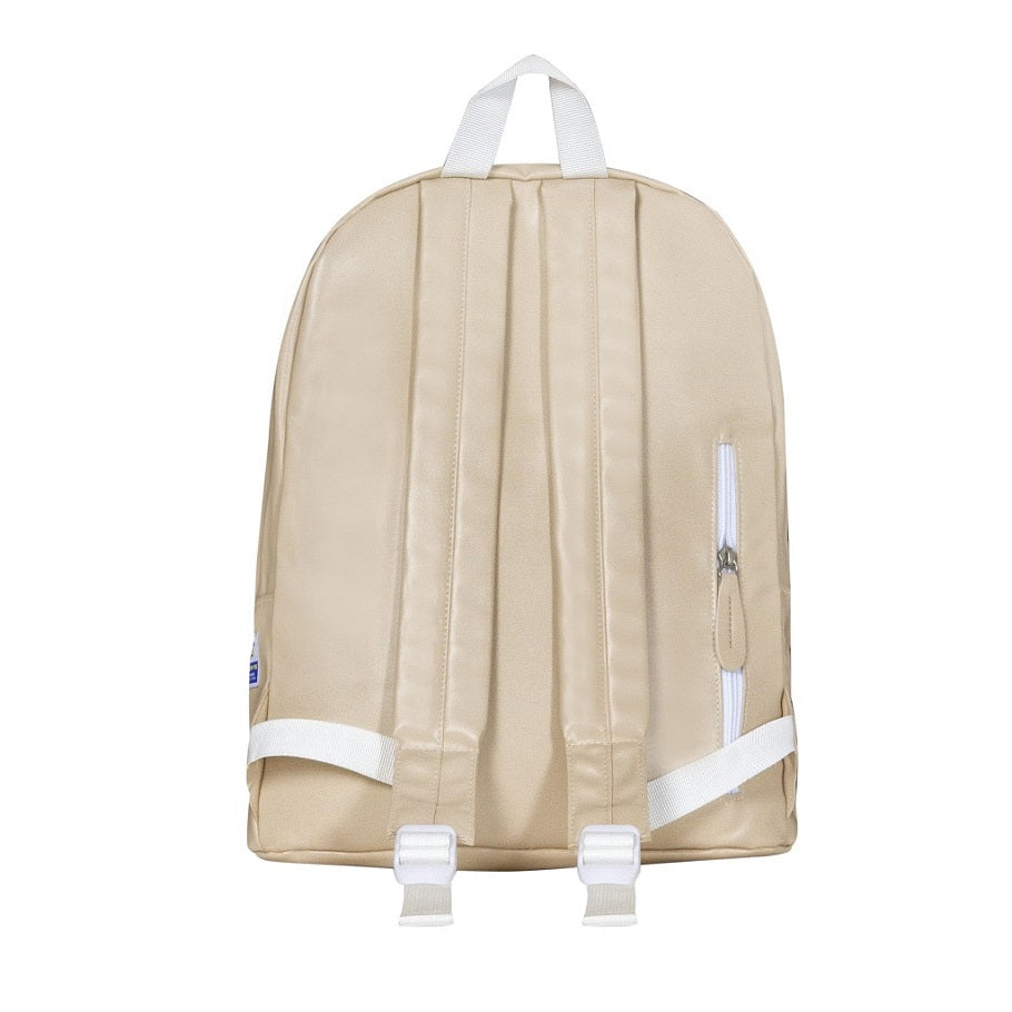 Beige backpack with white straps on a white background