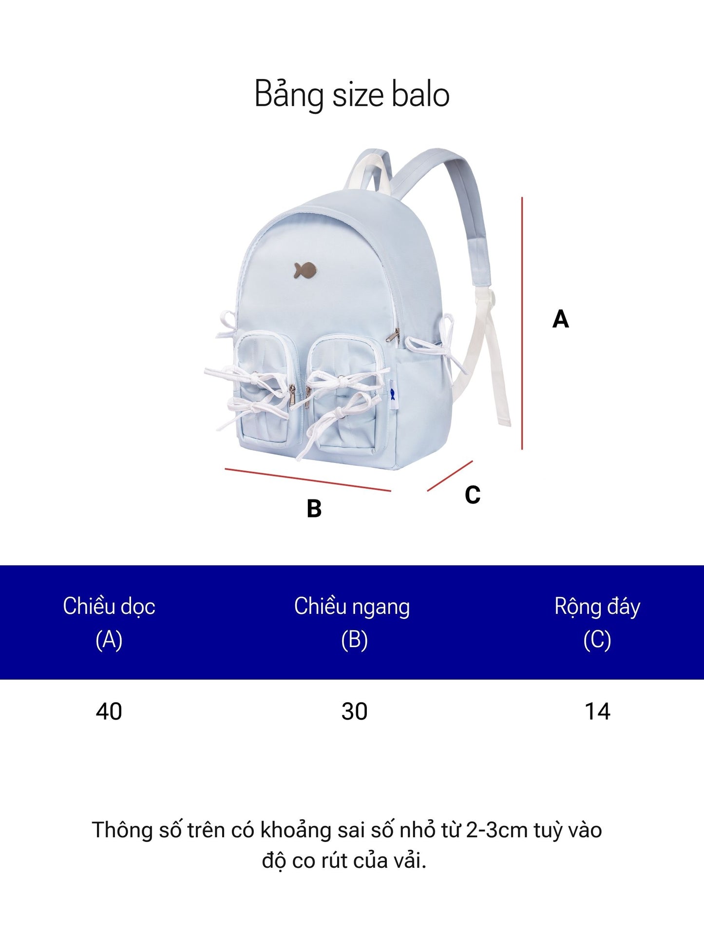 Measurement chart for a light blue backpack with dimensions labeled A, B, and C.