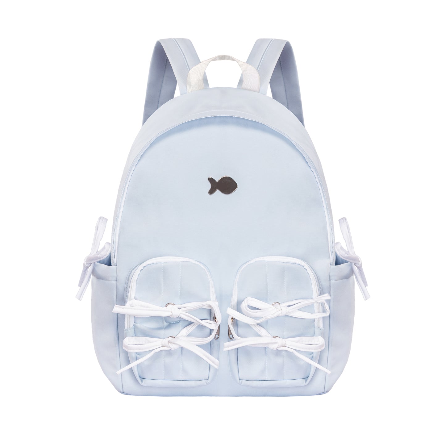 Light blue backpack with shoe design on a white background