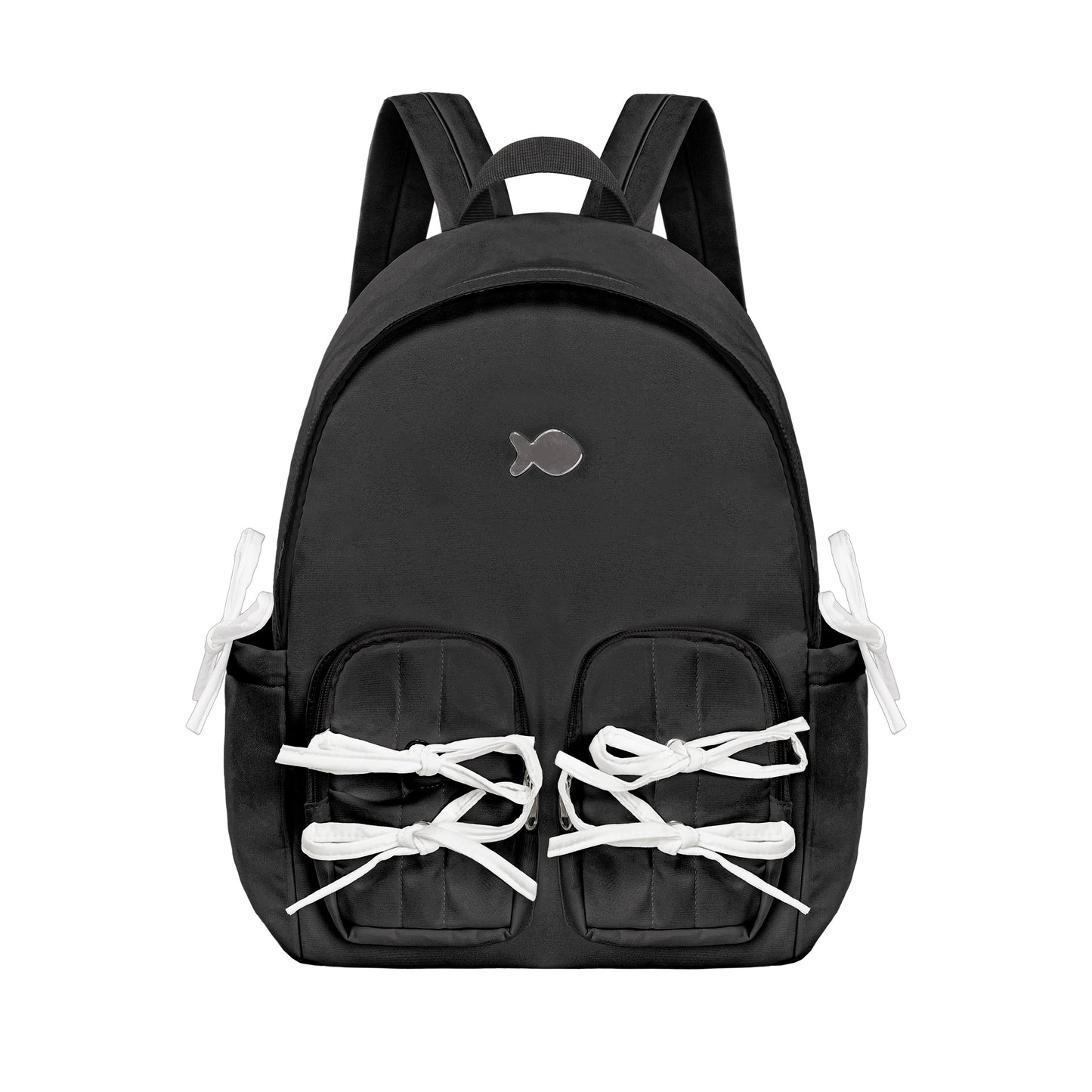 Black backpack with white laces on a white background