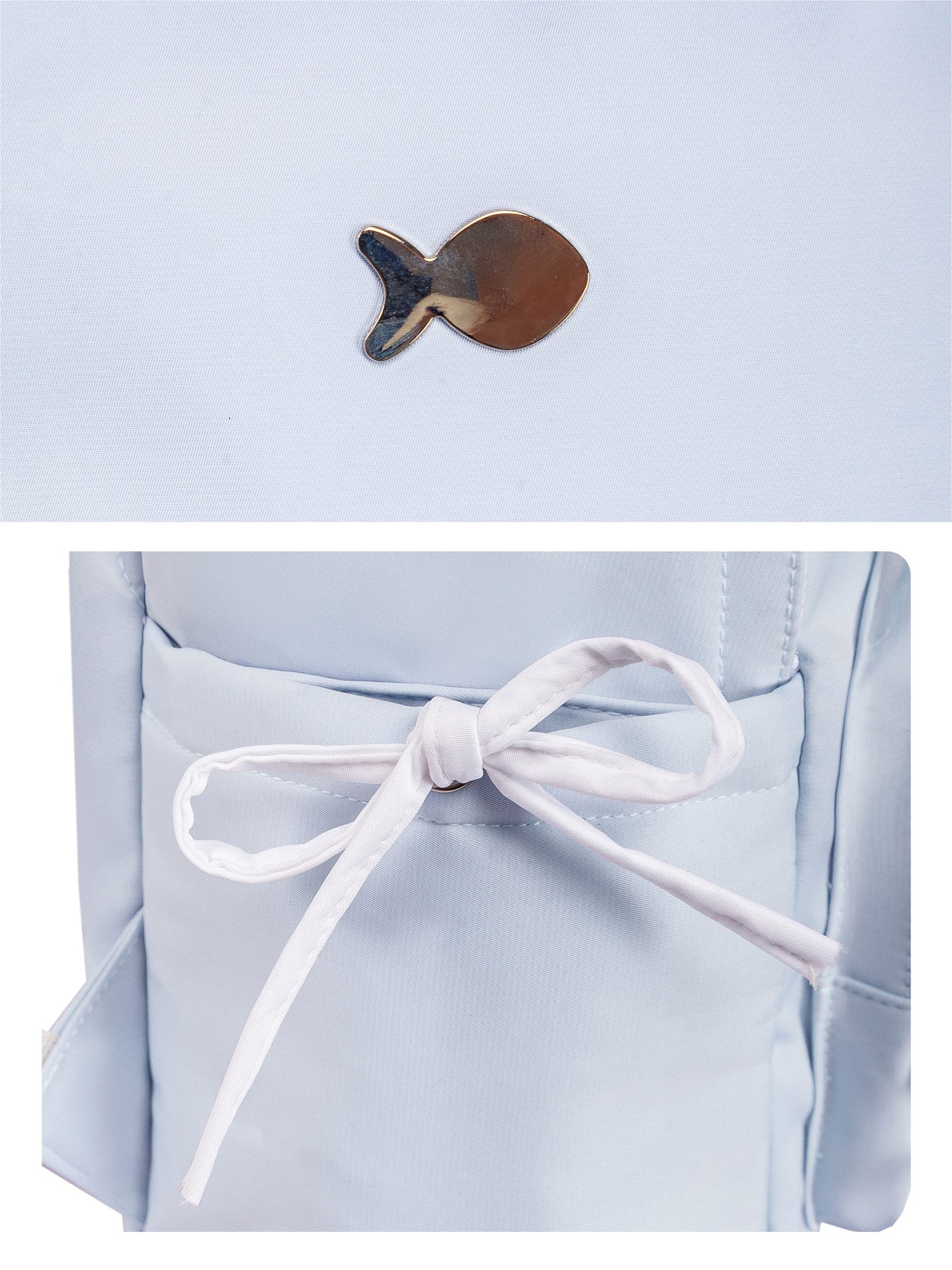 Close-up of a light blue shirt with a decorative button and a white bow tie.