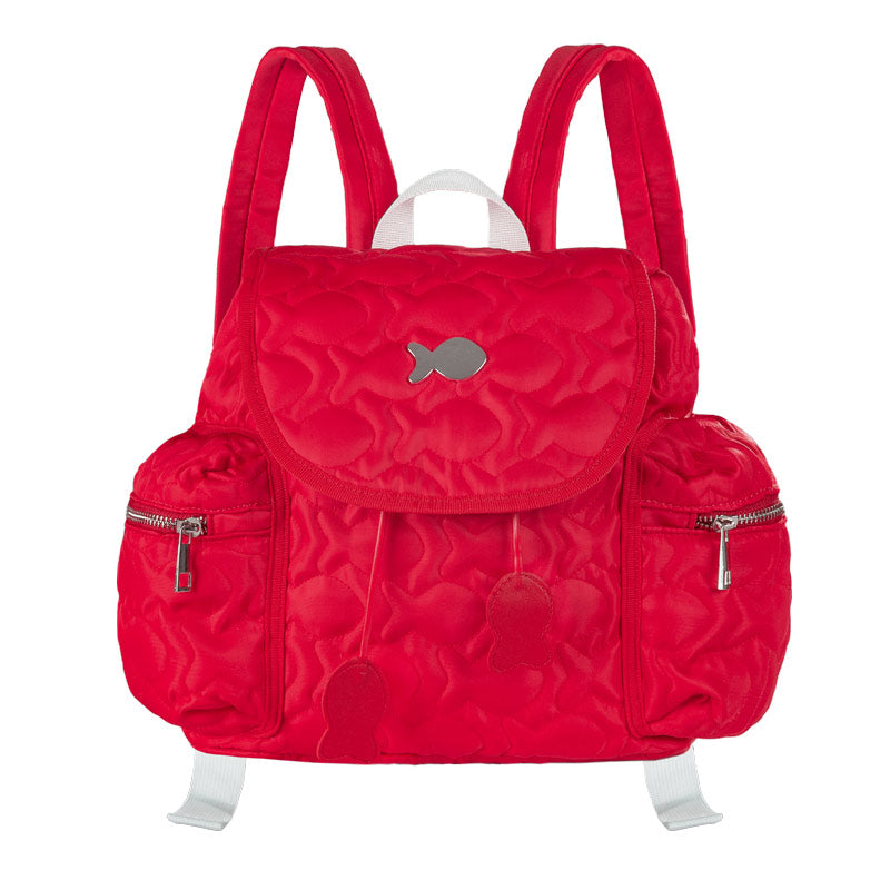 Red backpack with fish patterns on a white background