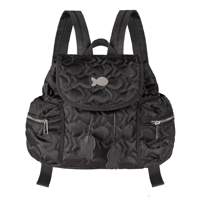 Black backpack with fish patterns on a white background