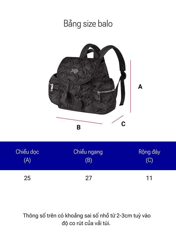 Black backpack with measurement chart on a white background