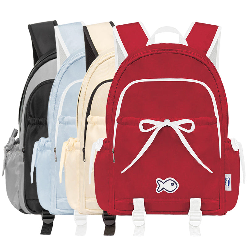 Red backpack with a fish logo among other color options on a white background