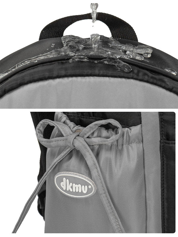 Backpack with water droplets and a close-up of the brand logo 'dkmu'.