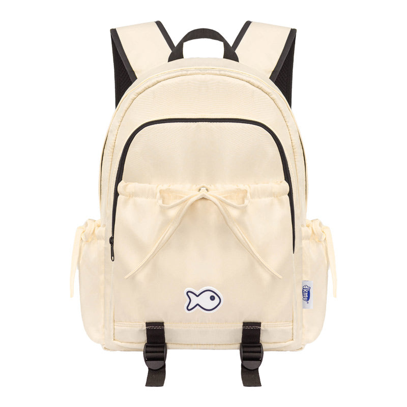 Beige backpack with black straps on a white background