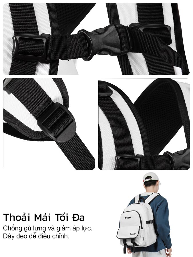 Collage of a backpack strap with adjustable buckle and a person wearing the backpack.