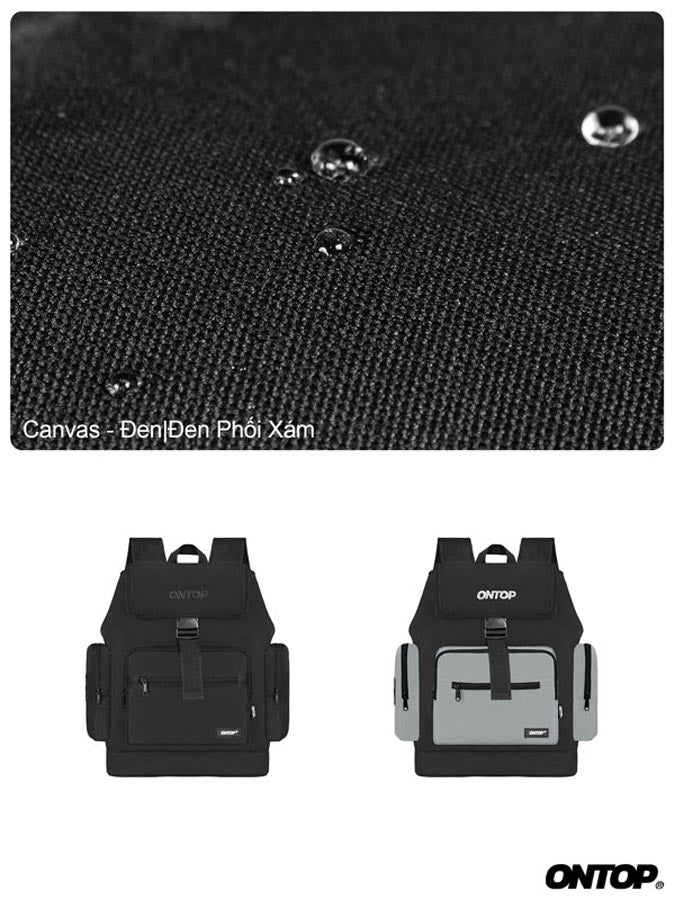 Black backpack with gray accents on a white background, featuring the ONTOP brand.