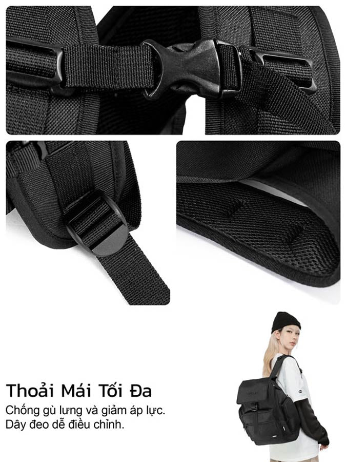 Black backpack with adjustable straps and a person wearing it.