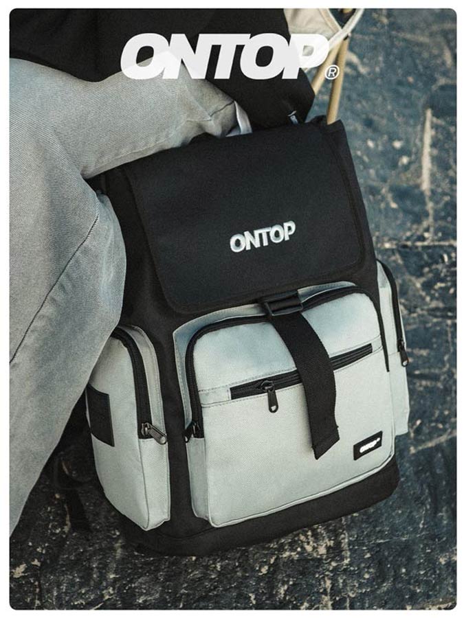 Backpack with black top pack and white side packs, featuring 'ONTOP' branding.