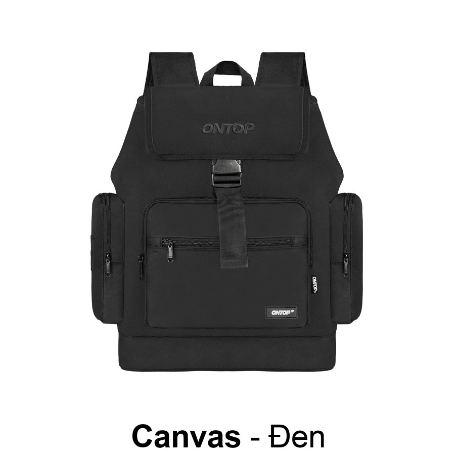 Black backpack with 'ONTOP' branding on a white background