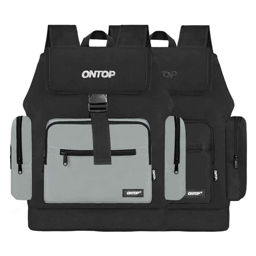 Black and gray backpack with 'ONTOP' branding on a white background