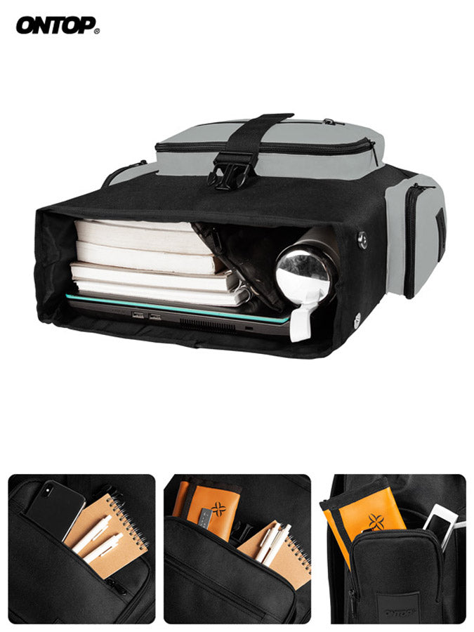 Backpack with compartments and ONTOP branding on a white background