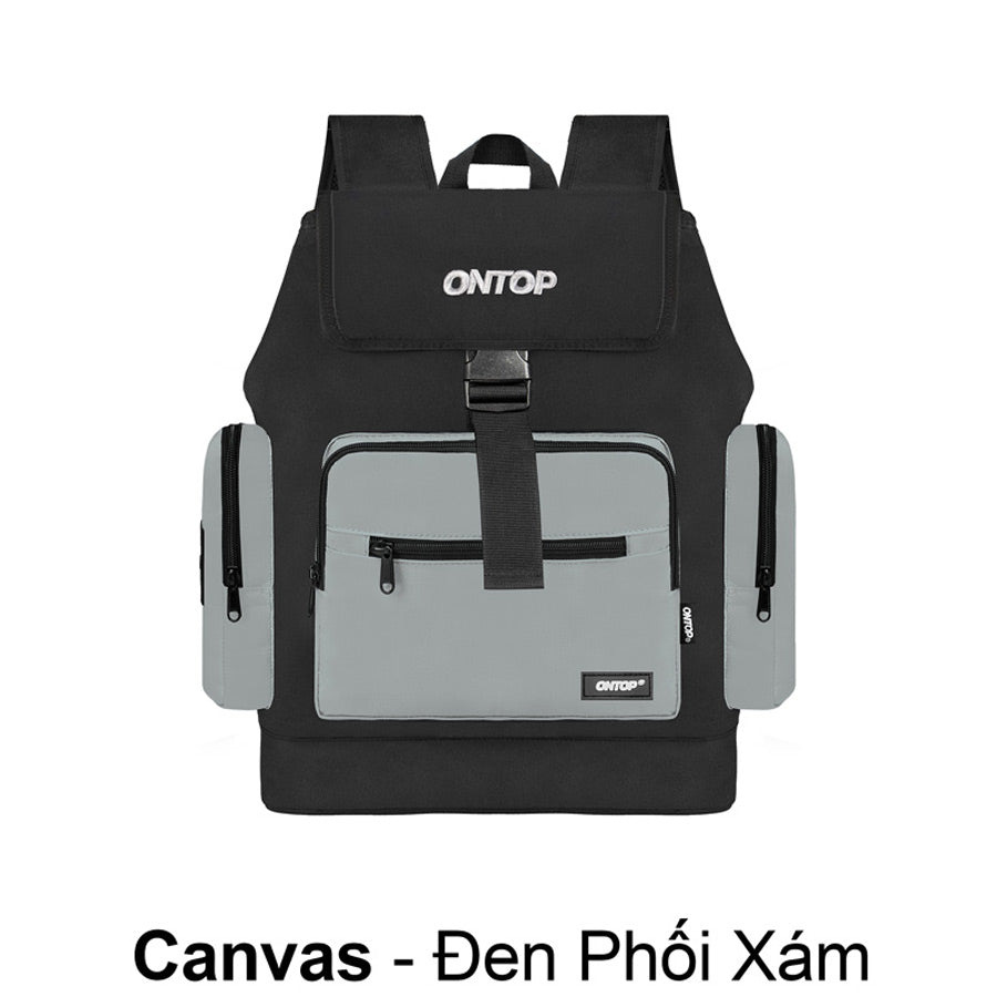 Black and gray backpack with 'ONTOP' branding on a white background