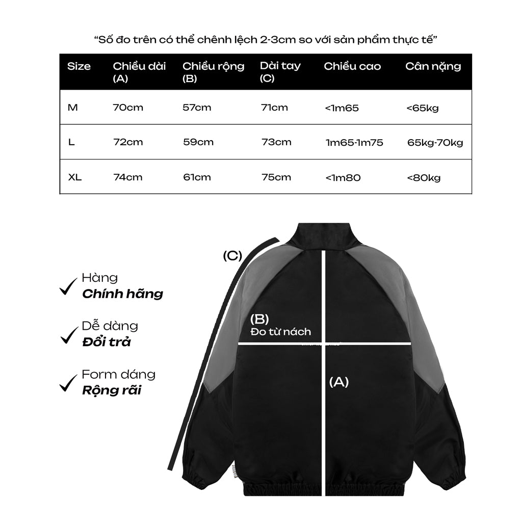 Black jacket with size chart and features on a white background