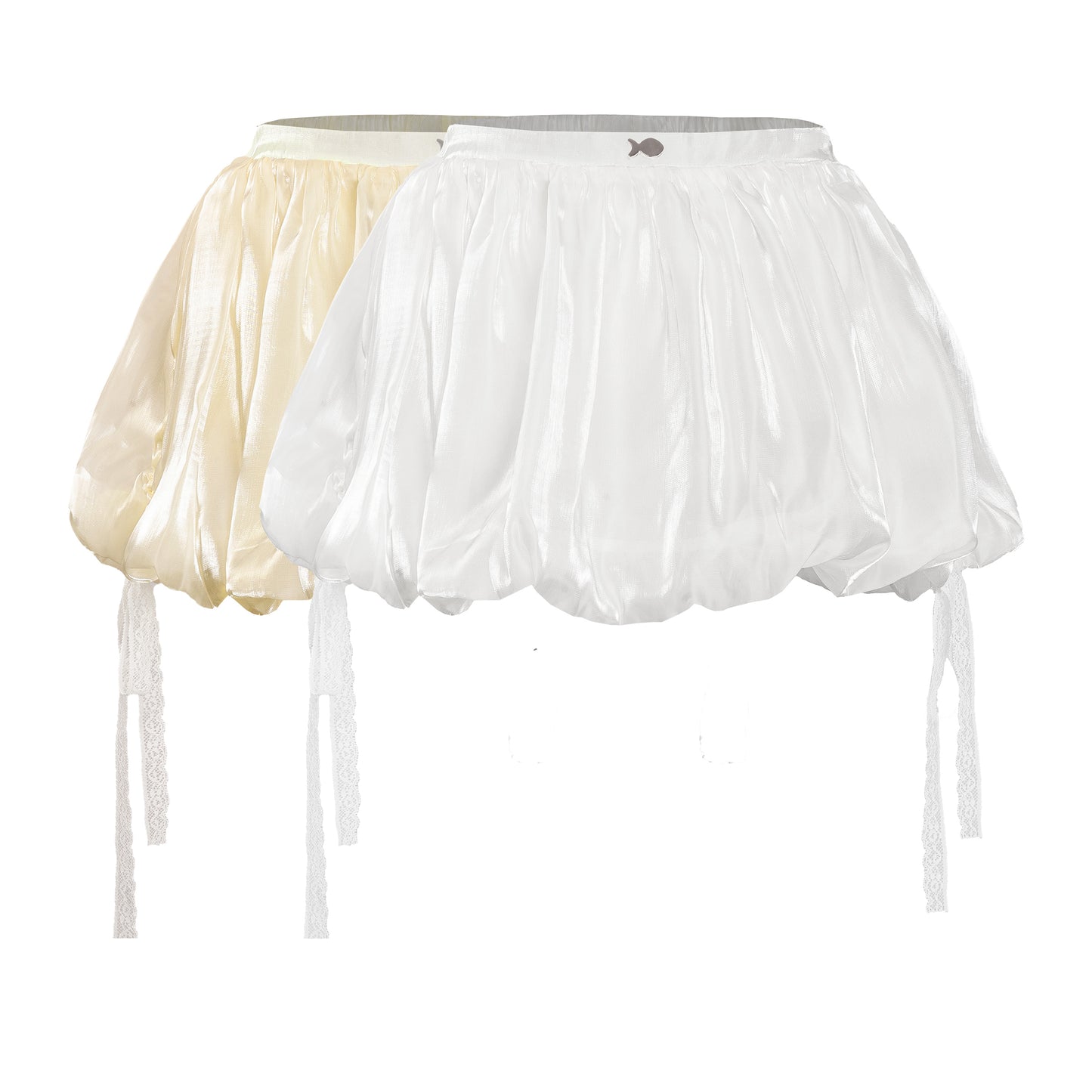 Two sheer petticoats, one white and one beige, on a white background.