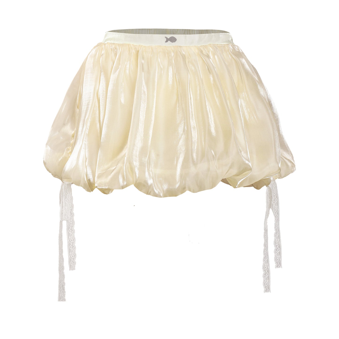 Beige tulle skirt with white ribbons on a white background
