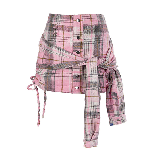 Pink plaid skirt with buttons on a white background