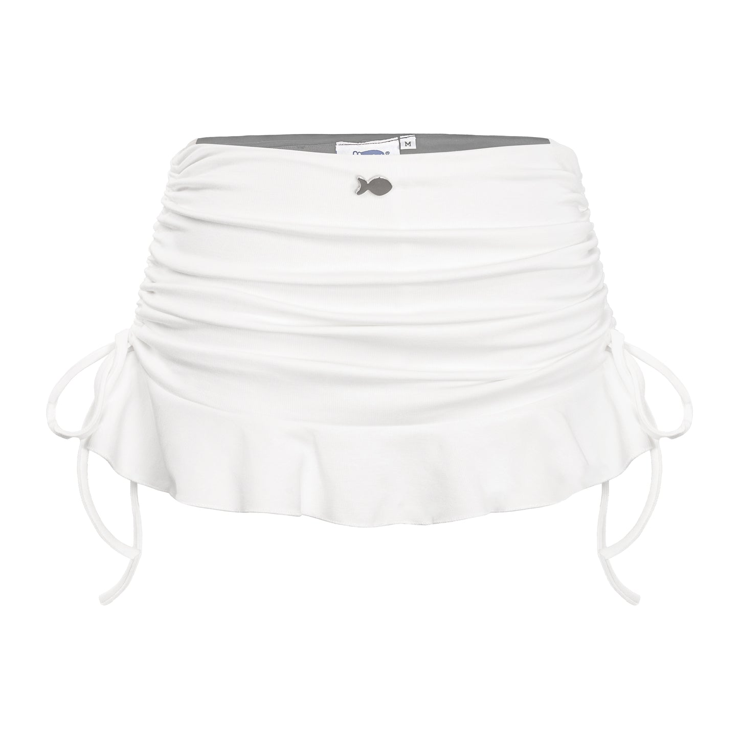 White ruched skirt with a gray waistband on a white background