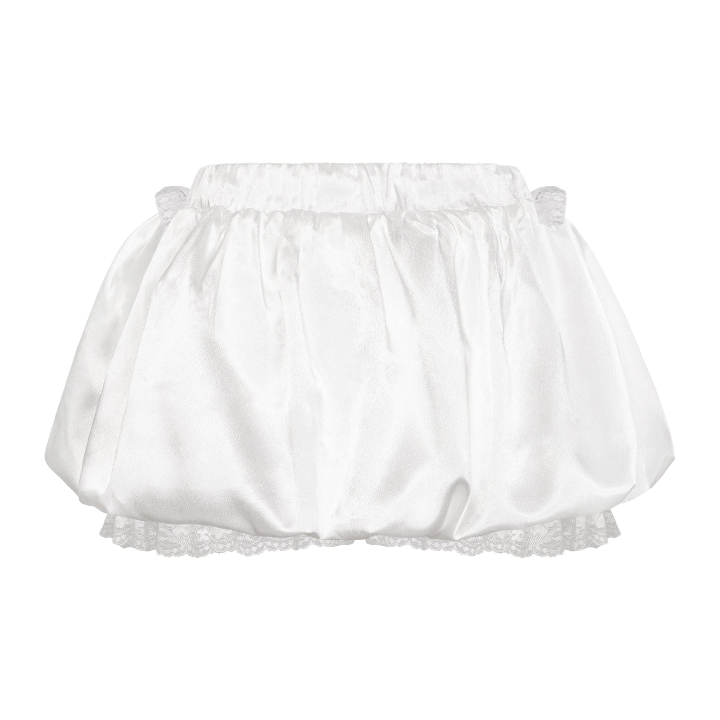White satin baby bloomers with lace trim on a white background