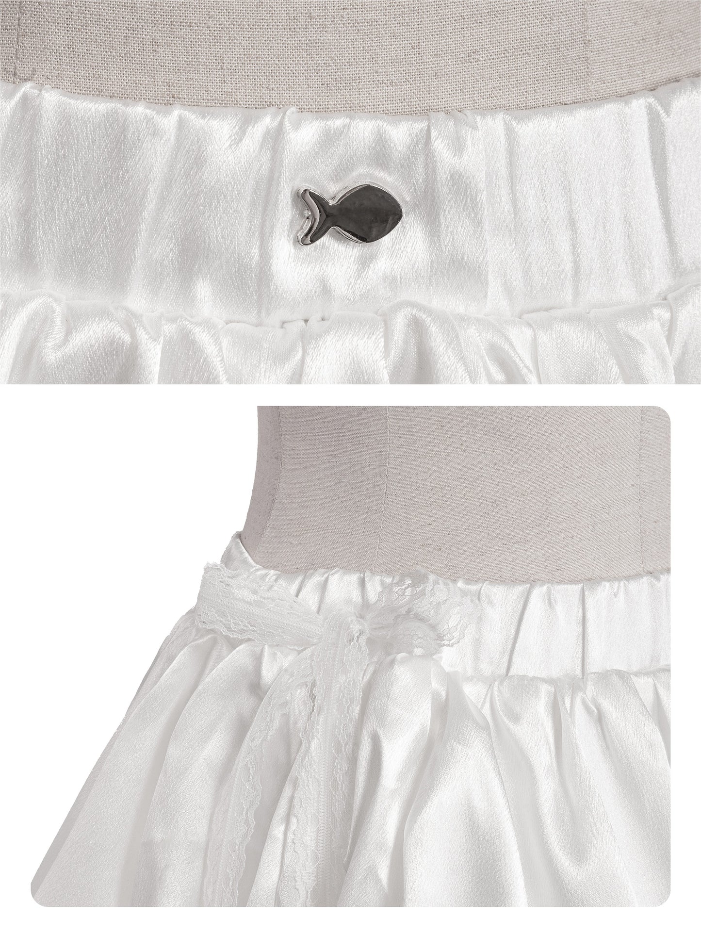 White ruffled petticoat with a button detail on a light gray background