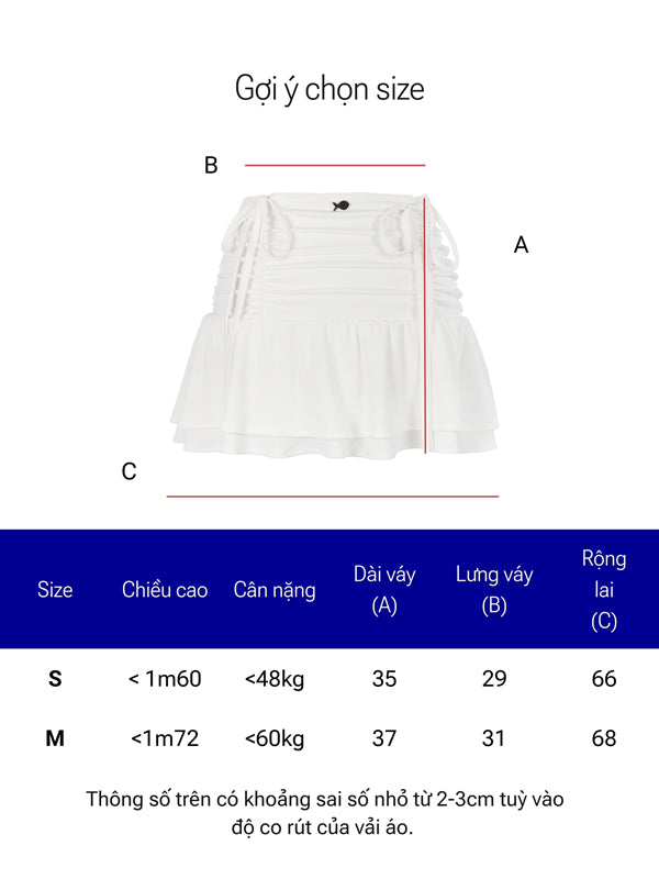 Measurement chart for a white skirt with dimensions labeled A, B, and C, and size guide below.