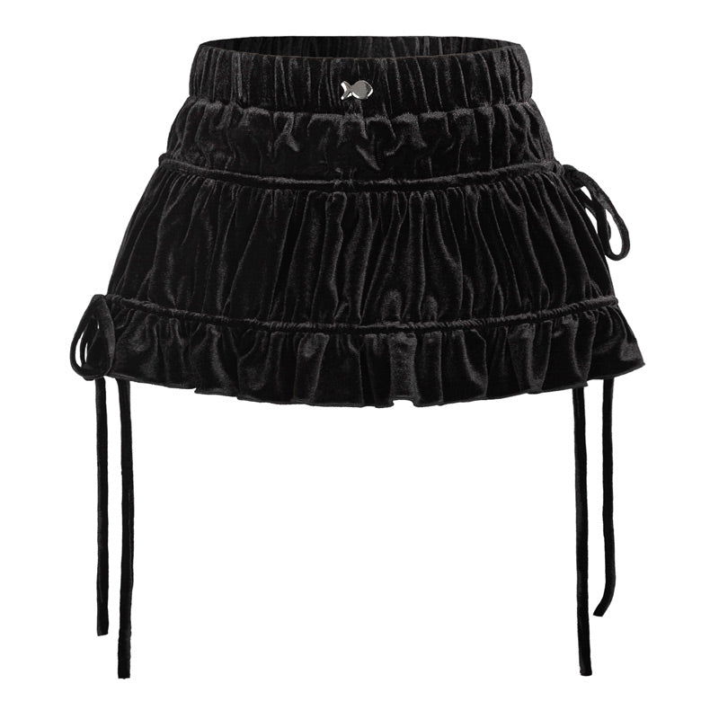Black ruffled skirt with ties on a white background